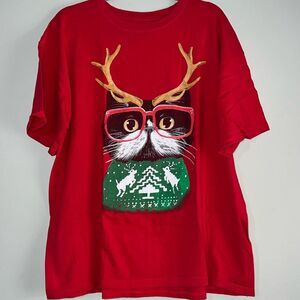 Funny Cat in Christmas Scarf & Antlers Size XL Red Shirt Kitty Glasses Kitten